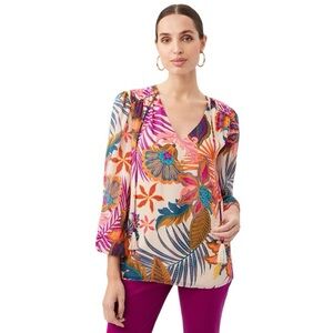 Trina Turk Watson Top Floral Tie 3/4 Sleeves Jardin Secret Georgette Small NWOT